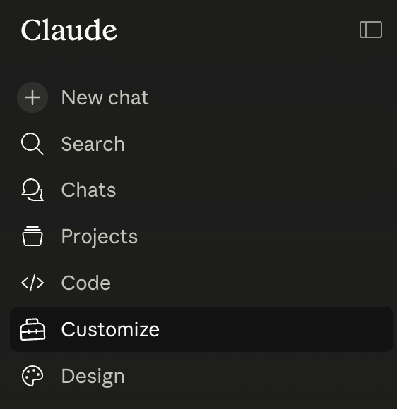Klik Kustomisasi di sidebar kiri Claude